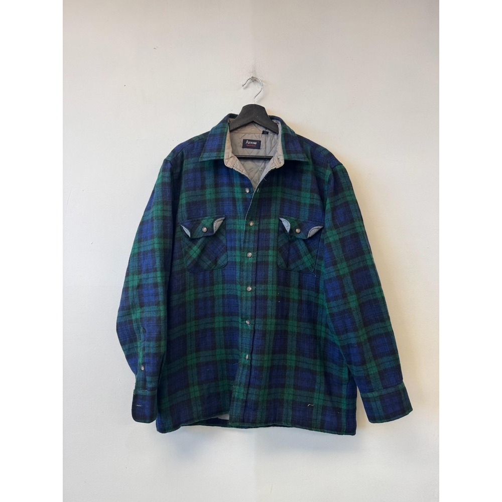 Vintage Arrow Jacket Mens Large Blue Green‎ Plaid Wool Flannel Quilted 80s 90s